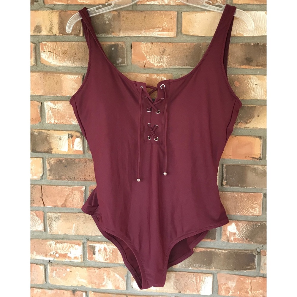 Mossimo Burgundy Lace-Up One-Piece Swimsuit Size Large Tank Straps